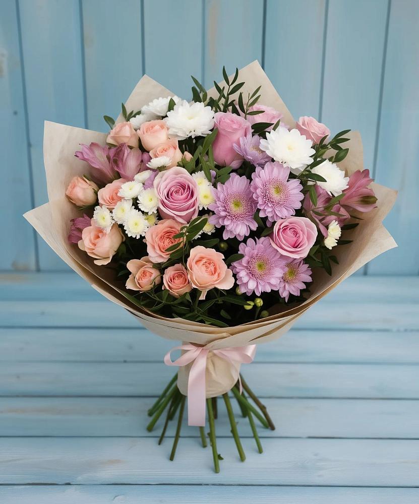 Букет цветов из: Хризантемы, Розы и Альстромерии в Троицком Алтайский край