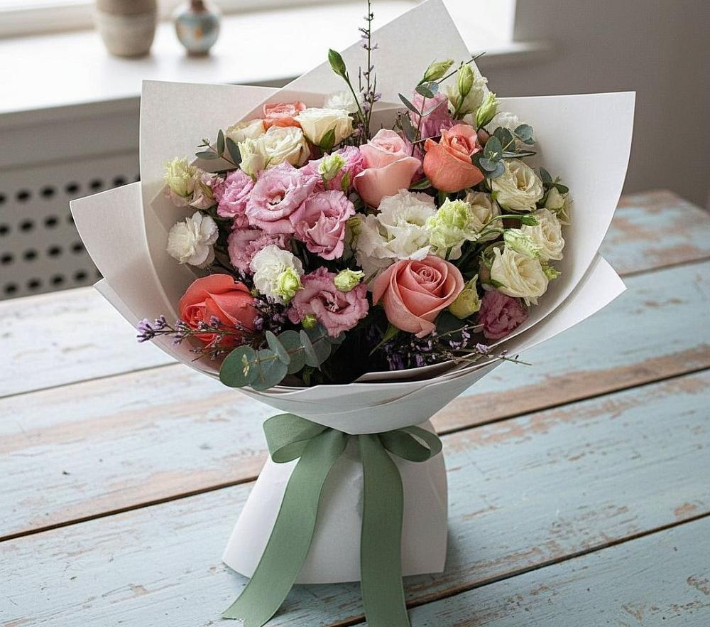 Букет цветов из: Розы, Лизиантусы и Гвоздики в Троицком Алтайский край