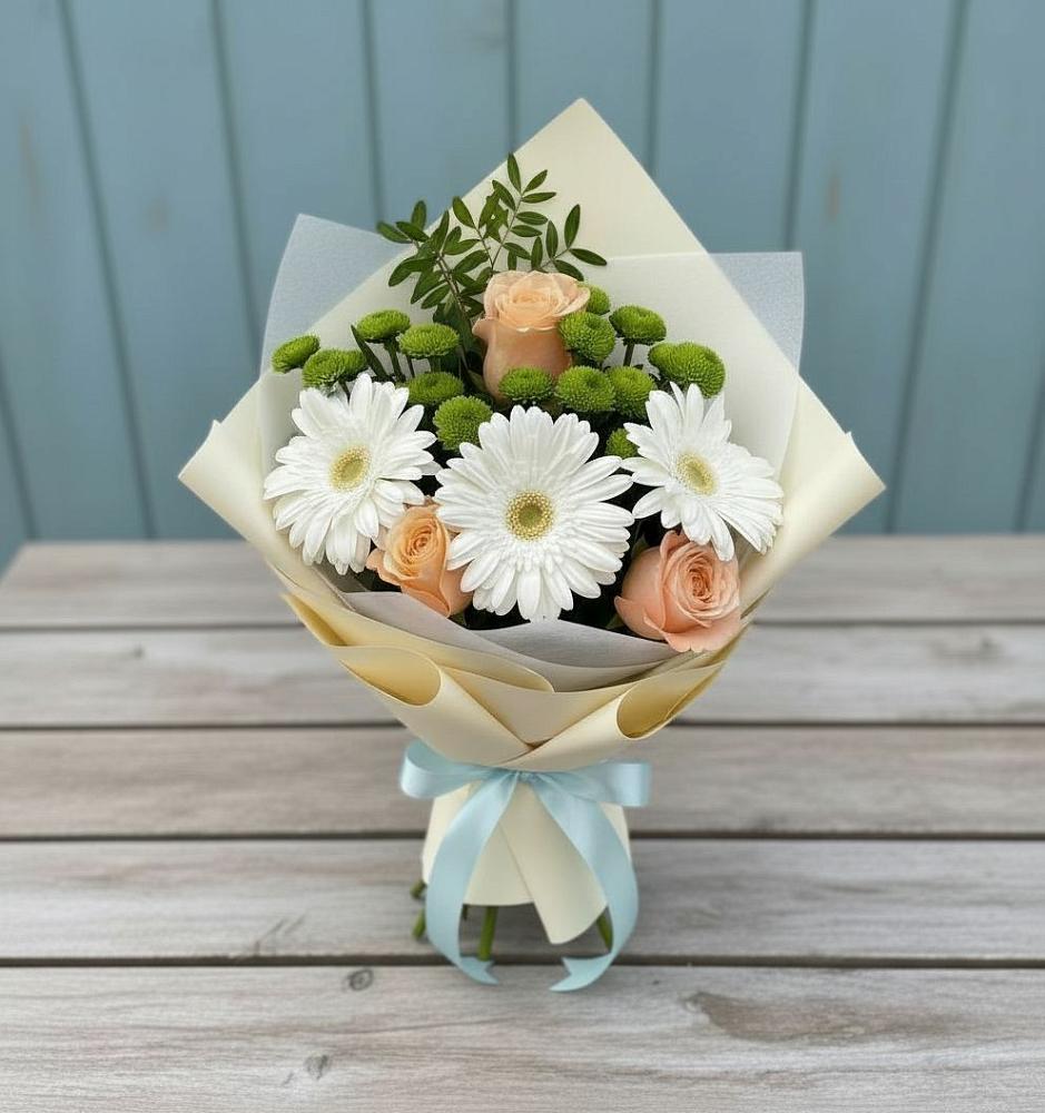 Букет цветов из: Герберы, Розы и Хризантемы в Троицком Алтайский край