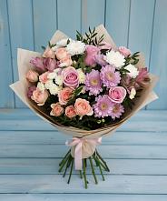 Букет цветов из:  Хризантемы, Розы и Альстромерии в Троицком Алтайский край