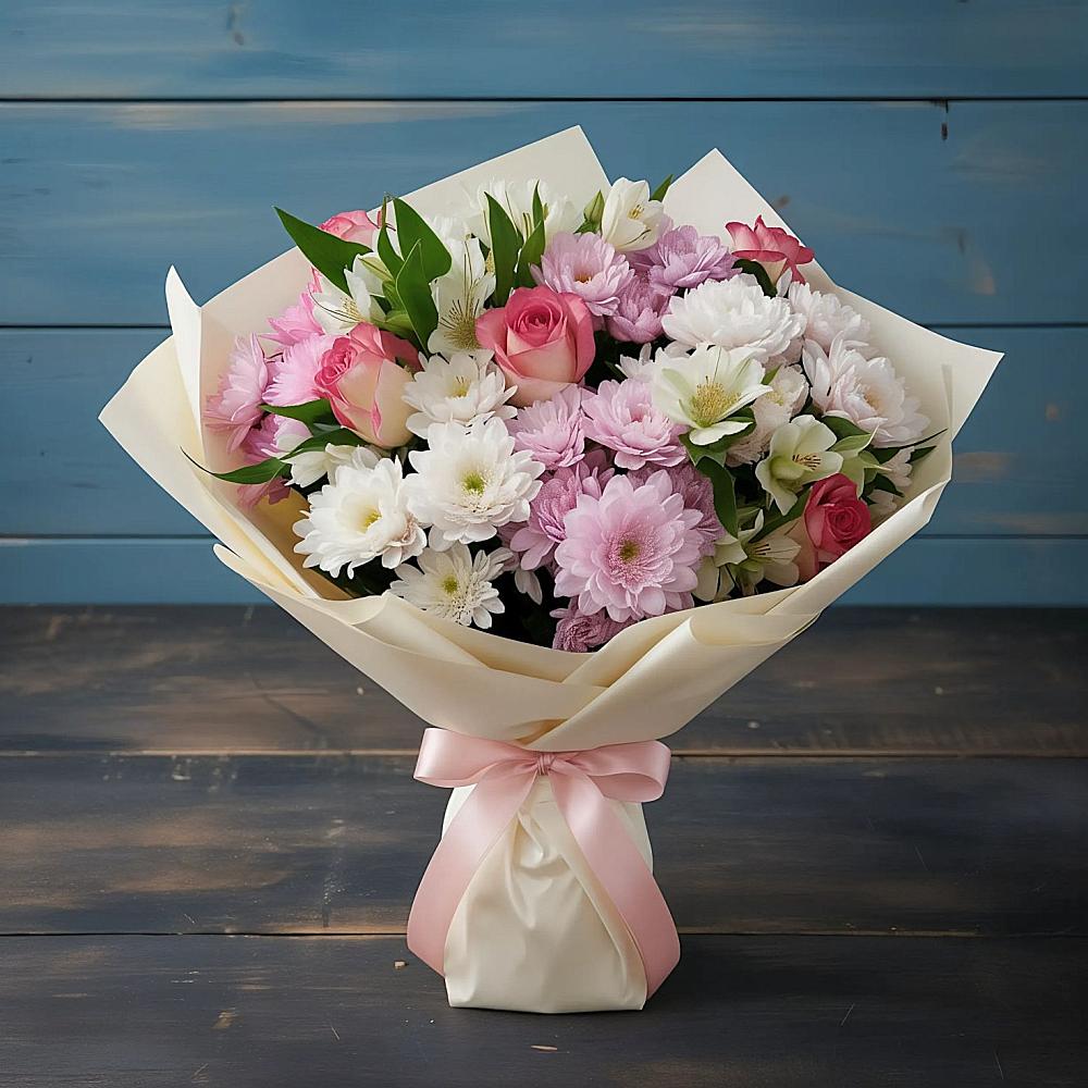 Букет цветов из: Хризантемы, Альстромерии и Розы в Троицком Алтайский край